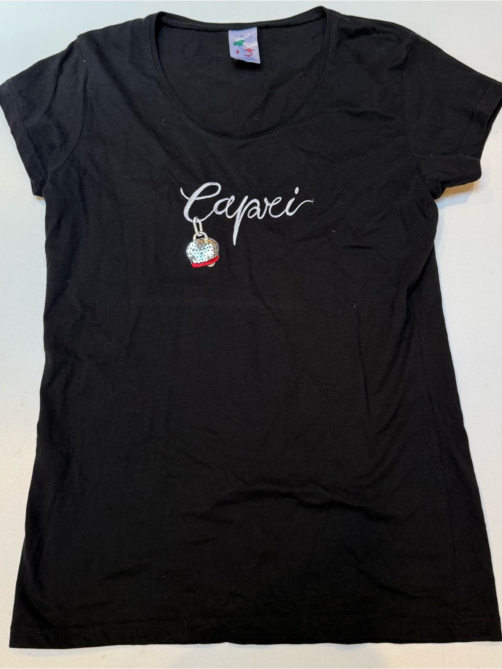 Black Short-Sleeve Women's Tee with Script Logo and Charm